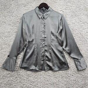 Express Portofino Shirt Womens Medium Gray Satin Polyester Button Up Office